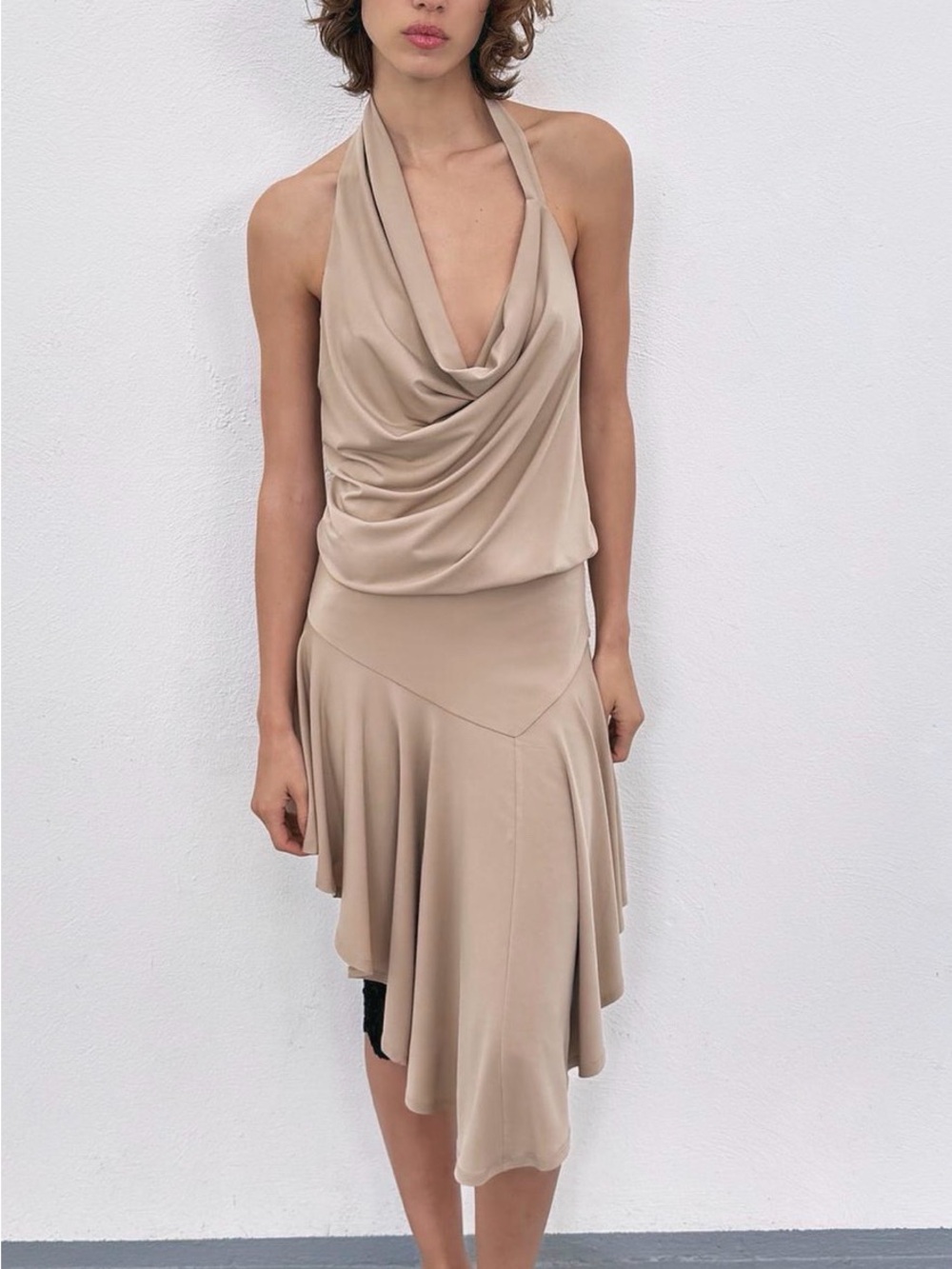 Open back ZARA Halter Draped Midi Dress in Beige